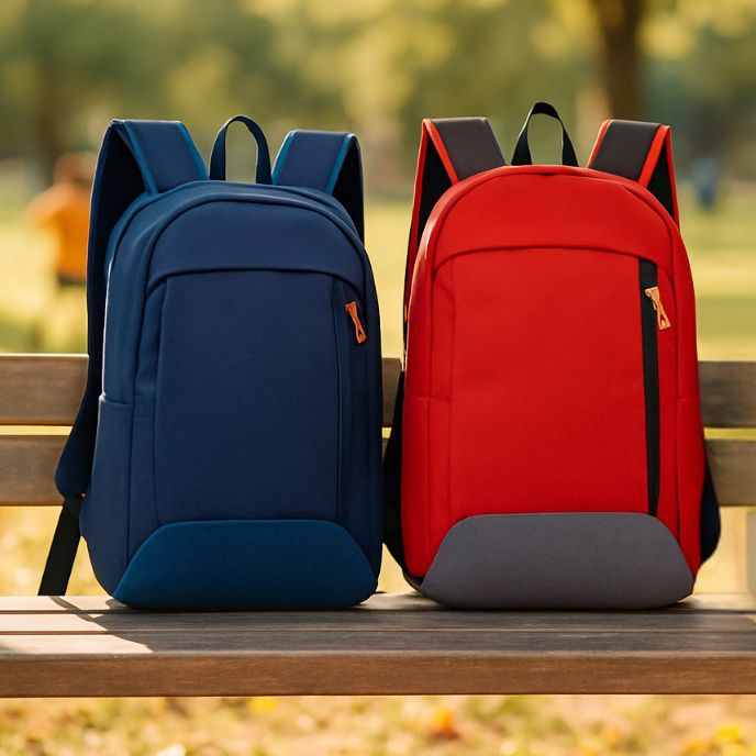 sac à dos sport bleu et rouge posés sur un banc dans un parc