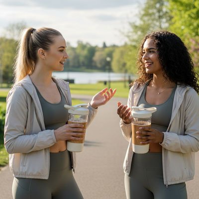 deux amies se parlent avec shaker blanc dans la main de chacune