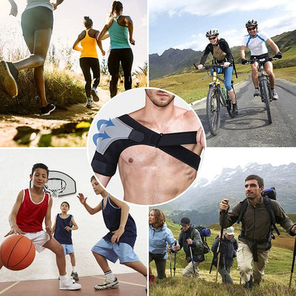 homme portant attelle epaule grise dans une image centrée et qautre images autour avec des femmes qui courent deux cyclistes des enfant qui jouent au basket et un groupe qui fait la randonnée