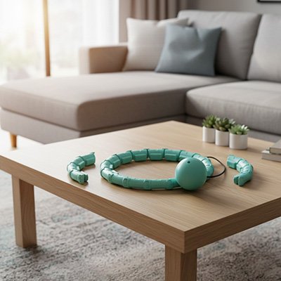 Cerceau fitness lesté vert posé sur une table dans un salon