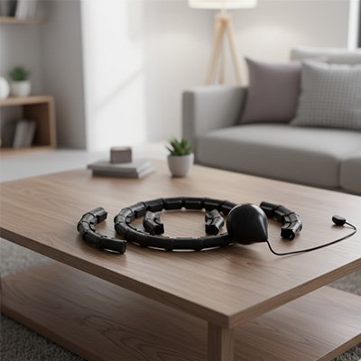 Cerceau fitness lesté posé sur une table en bois dans un salon