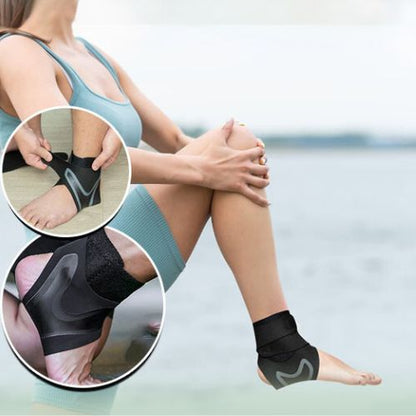 femme portant chevillere fait exercice de flexion du genou vers l avant sur la plage