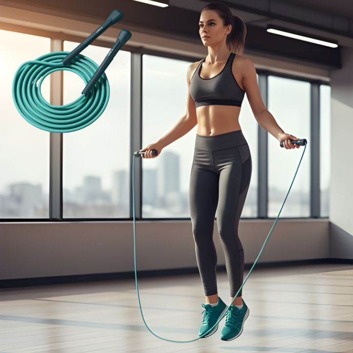 corde a sauter bleue tenue par une sportive s entraînant dans une salle de gym lumineuse