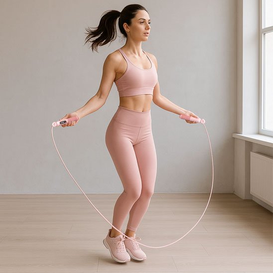 Jeune femme en tenue rose utilisant une corde a sauter pour un entraînement cardio