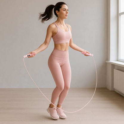 Jeune femme en tenue rose utilisant une corde a sauter pour un entraînement cardio