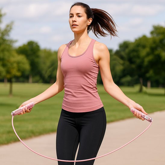 jeune femme en tenue de sport sautant à la corde a sauter dans un parc