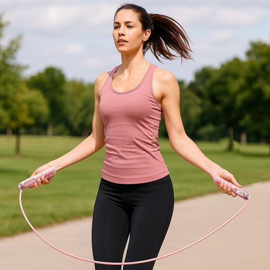 jeune femme en tenue de sport sautant à la corde a sauter dans un parc