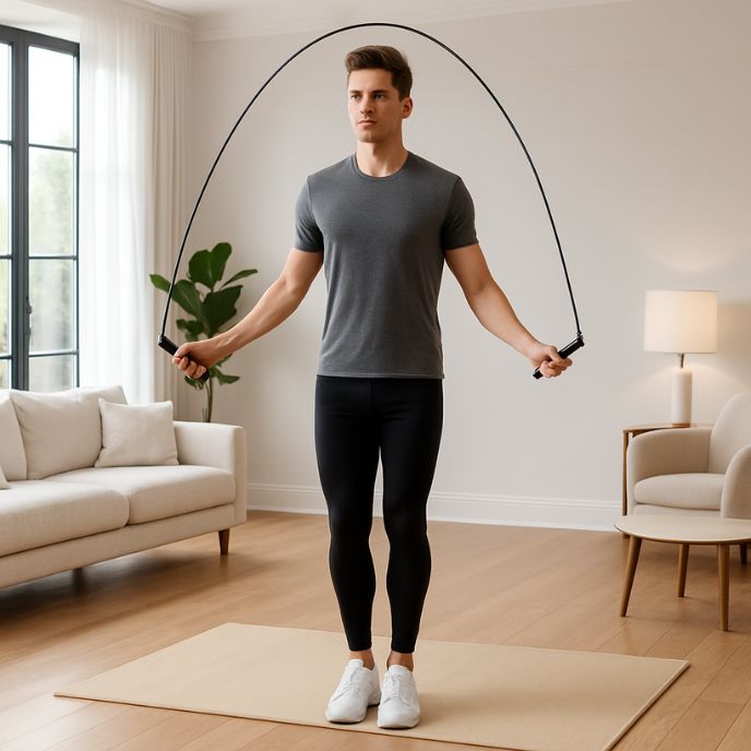 corde a sauter utilisée en entraînement intérieur par un homme illustrant une séance cardio à la maison