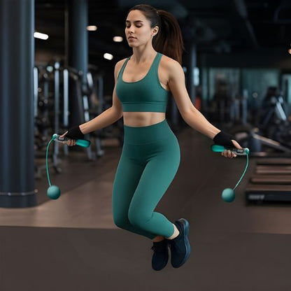 Femme en legging vert réalisant un saut avec une corde a sauter sans corde en salle de musculation