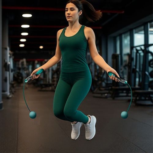 Femme sportive exécutant un saut dynamique avec une corde a sauter sans corde dans une salle de fitness