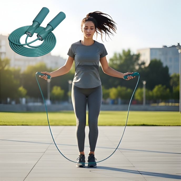 femme saute avec corde a sauter verte dans un parc