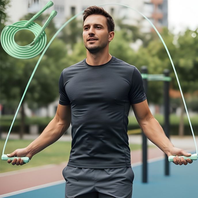 corde a sauter tenue par un homme faisant du sport en plein air dans un environnement urbain