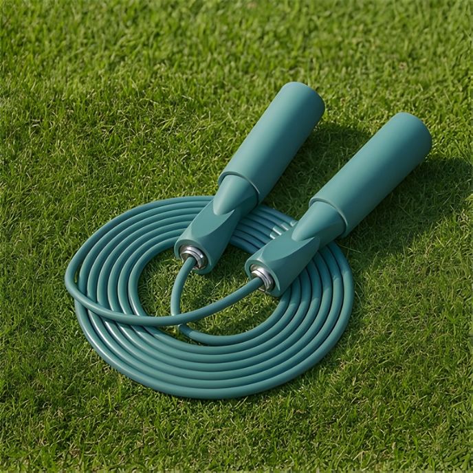 corde a sauter verte posée en spirale sur l herbe mettant en avant sa texture antidérapante