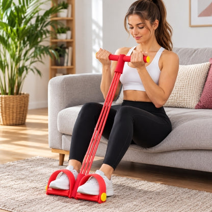 femme fitness utilise elastique musculation rouge dans salon