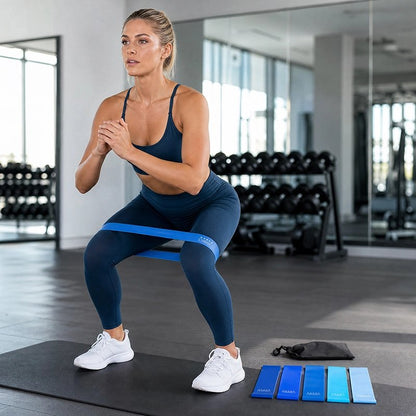 femme utilise elastique sport bleu entre ses deux genoux en position semi accroupie