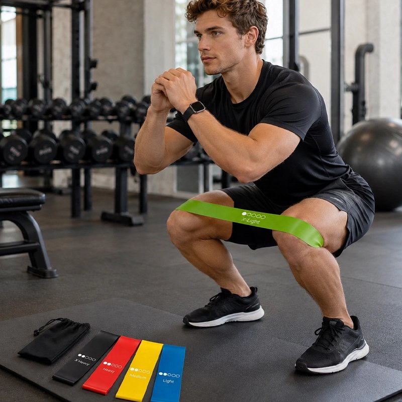 homme utilise elastique sport vert entre ses deux genoux en position semi accroupie