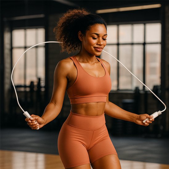 Femme souriante en tenue de sport effectuant un exercice de corde a sauter