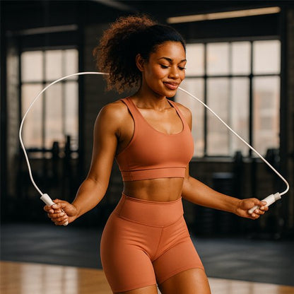 Femme souriante en tenue de sport effectuant un exercice de corde a sauter