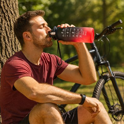 Gourde sport rouge utilisée par un homme pendant une pause d entraînement en extérieur