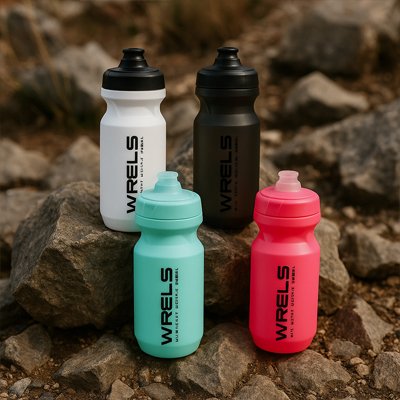 gourde sport noir et une rose et une blanche et une bleue posées sur des rochers