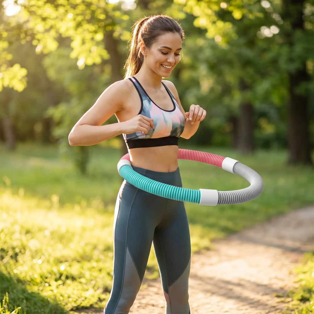 femme souriante avec hula hoop fitness autour de son bassin dans un jardin