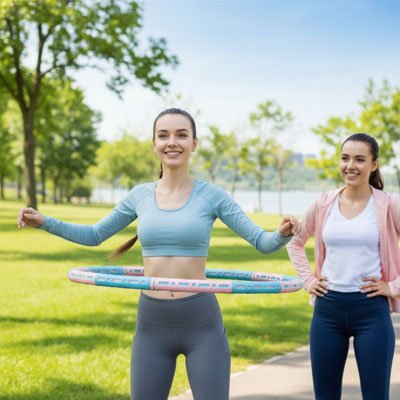 Hula hoop cardio pratiqué par une femme en plein air accessoire idéal pour brûler des calories et améliorer l endurance