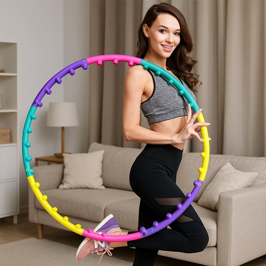 Hula hoop fitness tenu par une femme en intérieur accessoire coloré idéal pour le renforcement musculaire et le cardio