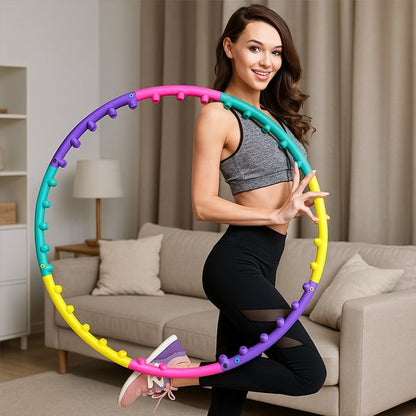 Hula hoop fitness tenu par une femme en intérieur accessoire coloré idéal pour le renforcement musculaire et le cardio