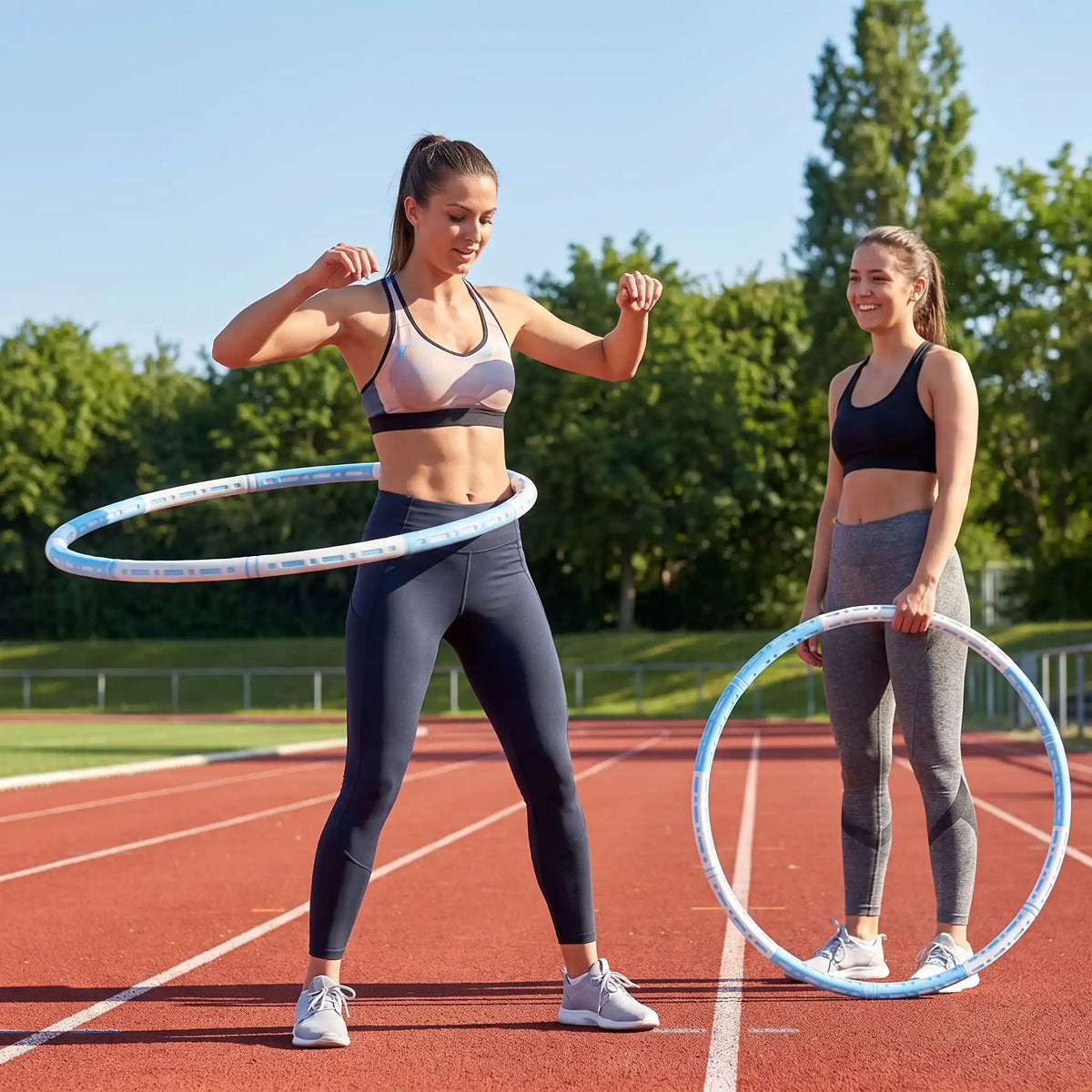 femme utilise hula hoop fitness sur une piste d athlétisme et une amie tient le sien à la main
