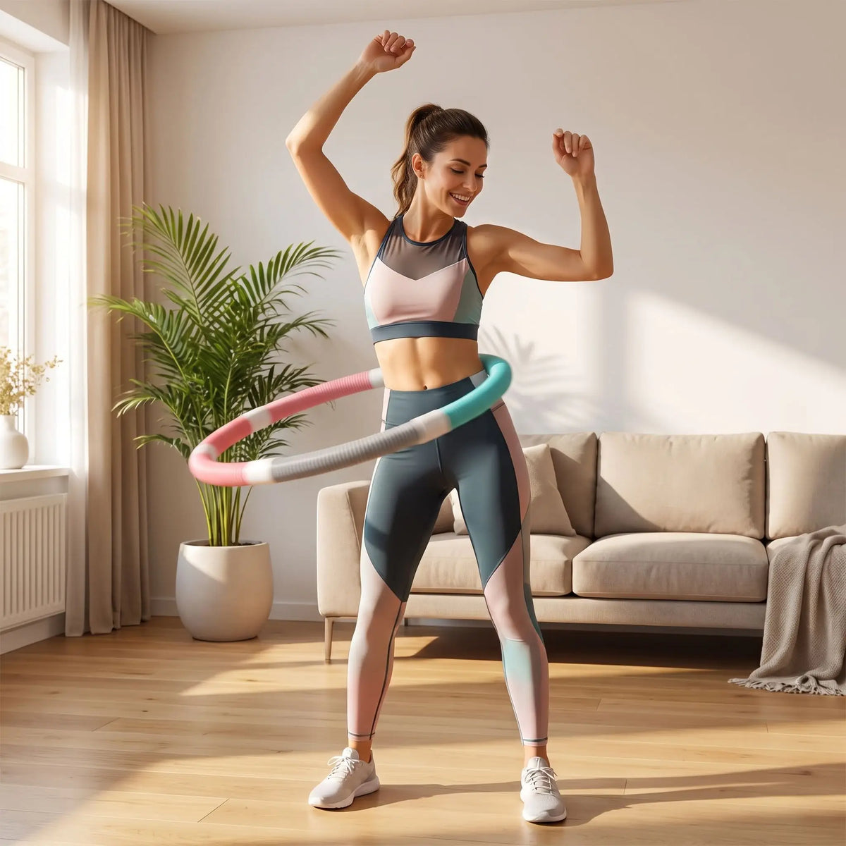 femme avec hula hoop fitness autour de son bassin dans son salon