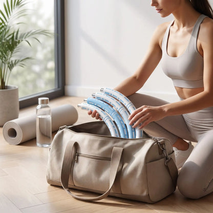femme range morceaux du hula hoop fitness dans son sac de sport