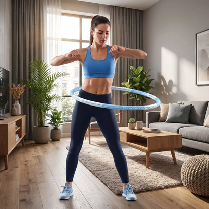 femme en tenue de sport utilise hula hoop fitness dans son salon