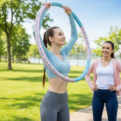 Hula hoop femme utilisé pendant une séance fitness en extérieur combinant motivation plaisir et activité physique