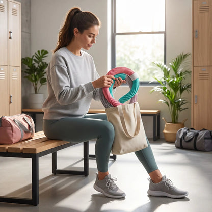 femme dans un vestiaire range le hula hoop fitness dans un sac