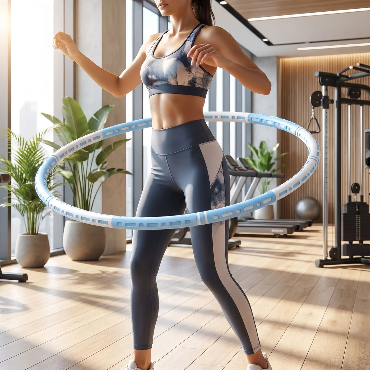 femme avec hula hoop fitness autour de son bassin dans une salle fitness