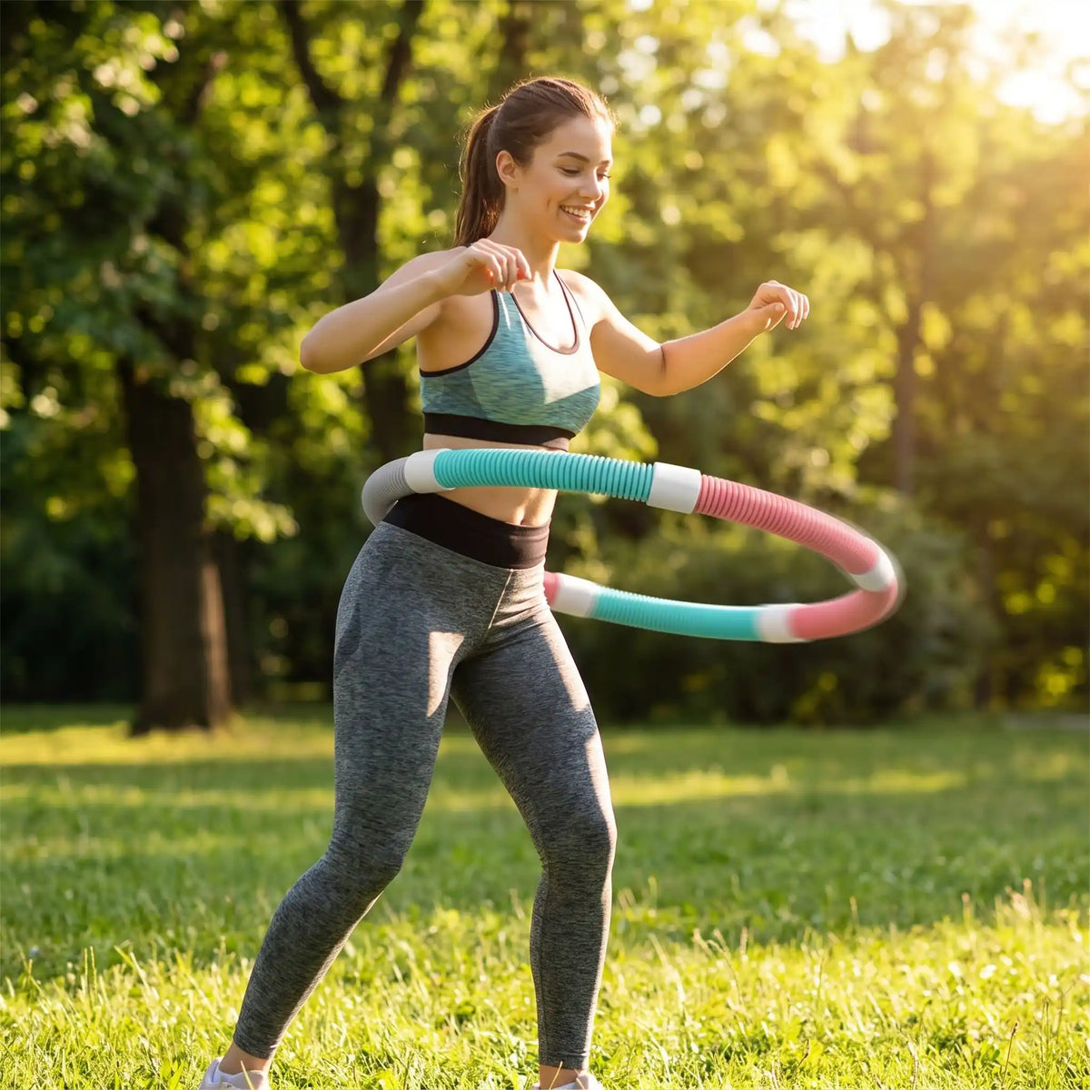 femme sportive souriante utilise hula hoop fitness dans un parc