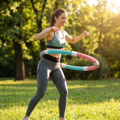 femme sportive souriante utilise hula hoop fitness dans un parc