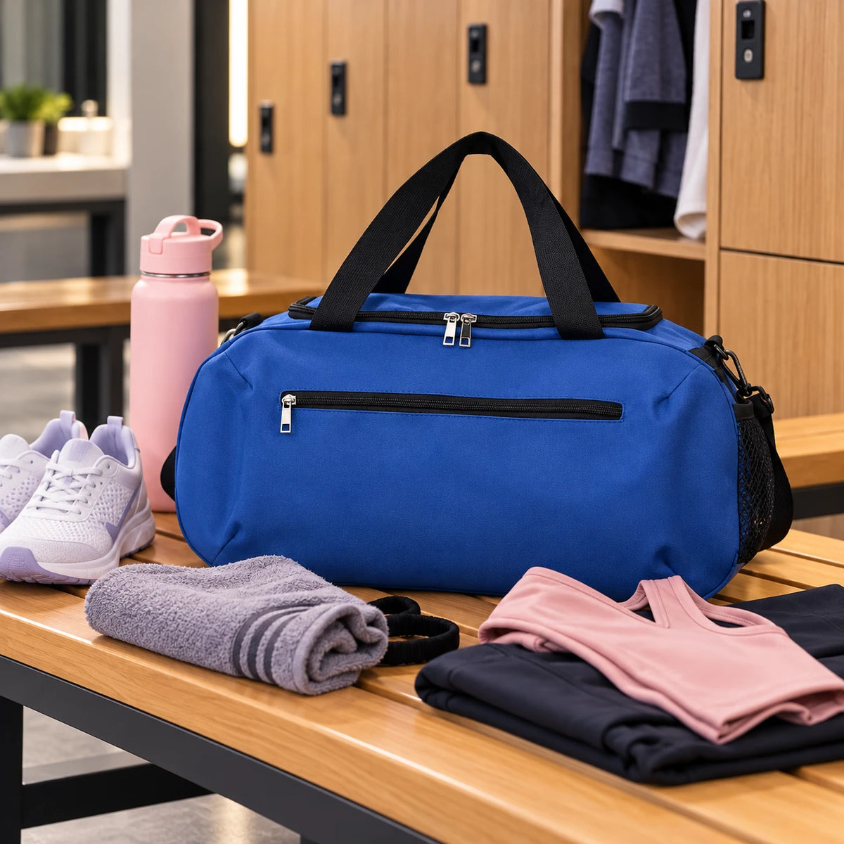 petit sac de sport bleu posé sur un banc de vestiaire avec chaussures et accessoires de fitness à proximité