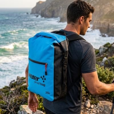 homme portant sac à dos étanche bleu 25l au bord de la plage