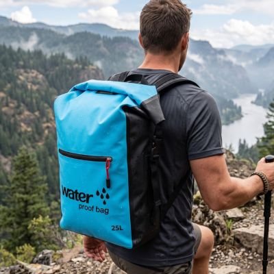 homme portant sac à dos étanche bleu 25l dans une randonée