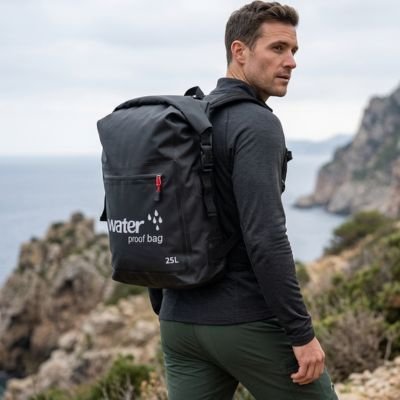 homme portant sac à dos étanche noir 25l dans une randonée
