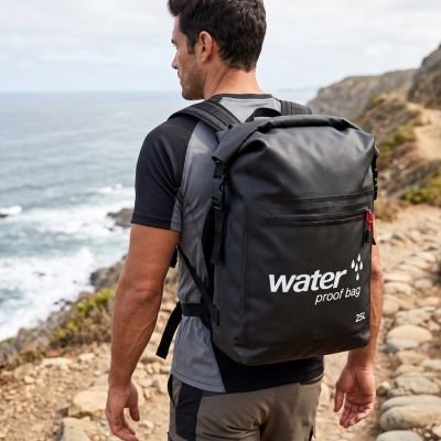 homme portant sac à dos étanche noir 25l au bord de la plage