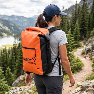 femme porte sac à dos étanche orange sur son dos dans une randonée