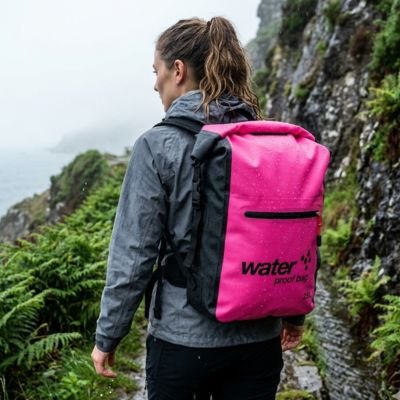 femme porte sac à dos étanche rose sur son dos dans une randonée