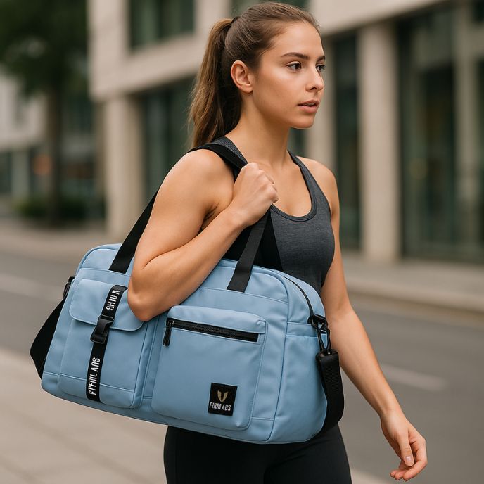 Femme portant sac de sport bleu idéal pour organiser ses affaires de voyage