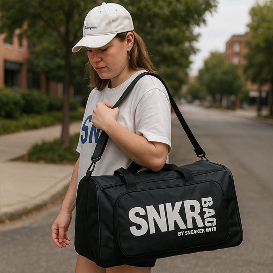 Jeune femme avec un sac de sport femme en bandoulière portant une casquette blanche et un t-shirt gris