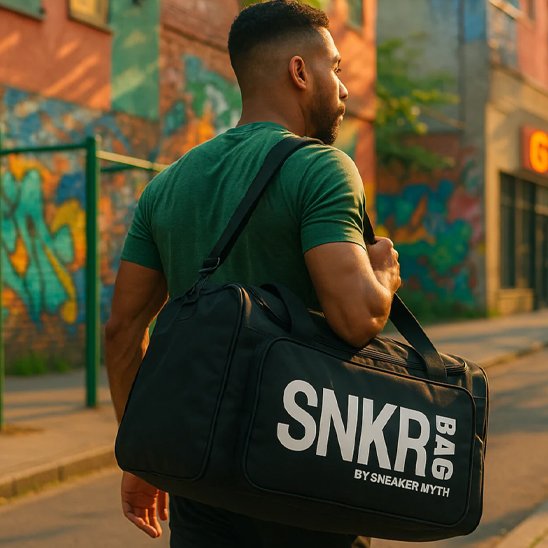 Homme portant un sac de sport femme noir à la main dans une rue colorée
