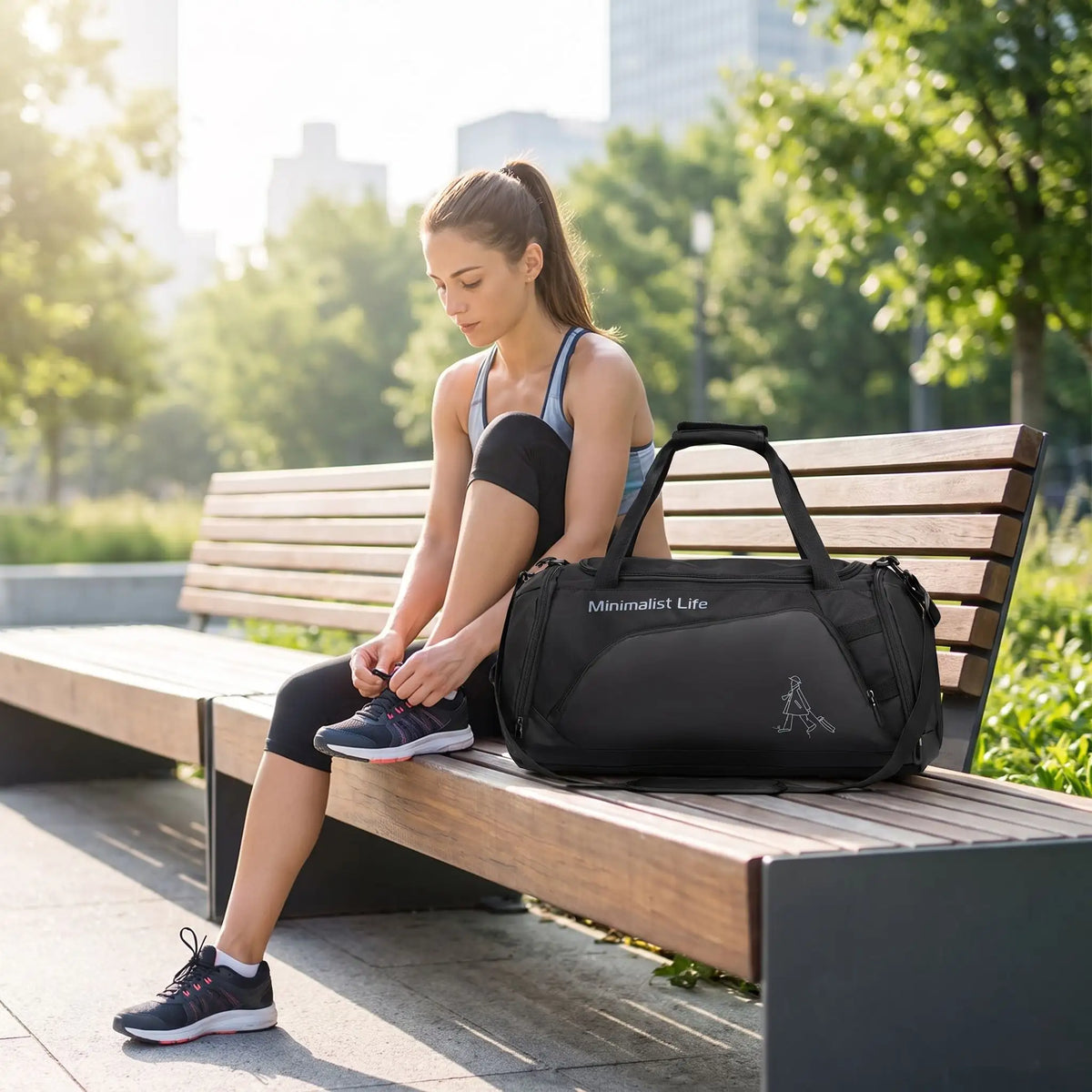 femme attache ses chaussres sur un banc avec sac de sport noir à côté d elle