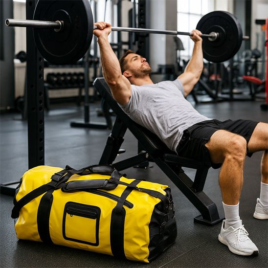sac de sport fitness jaune placé près d’un homme faisant du développé couché à la salle de musculation