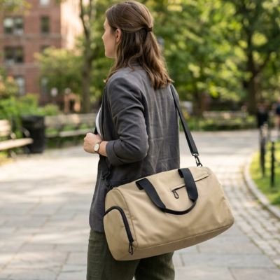 femme vue de profil porte sac de sport fitness couleur kaki dans un jardin